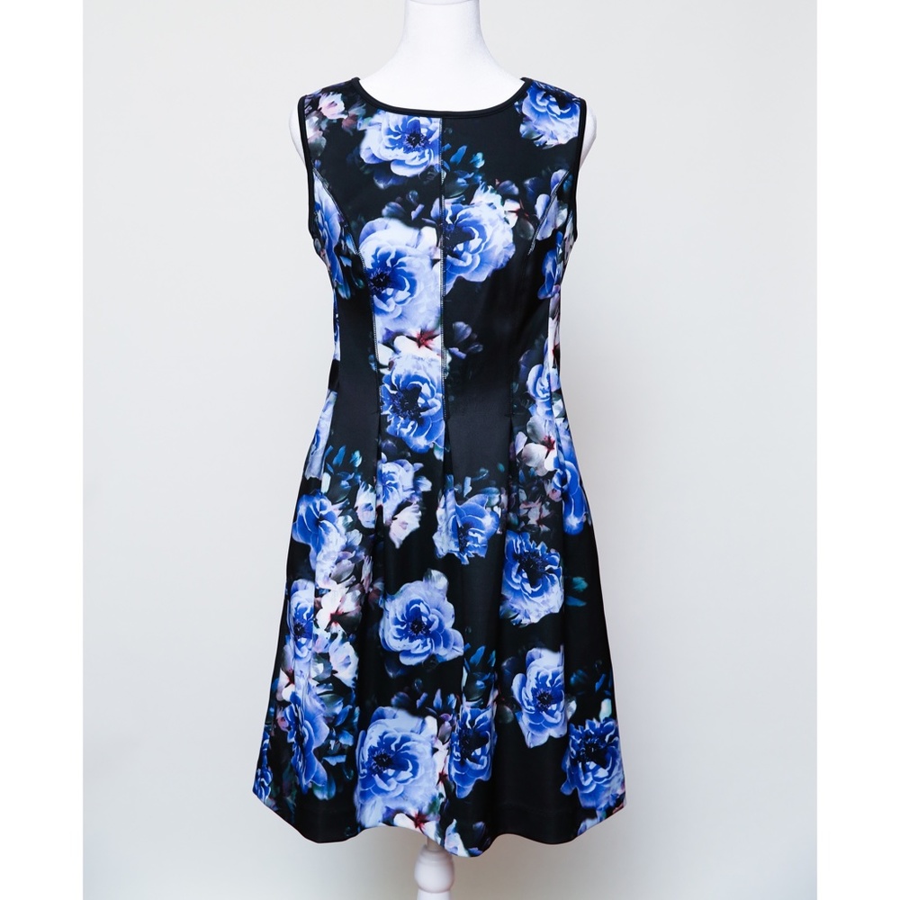 APT 9 Blue Flower Black Stripe Sleeveless Dress Size M